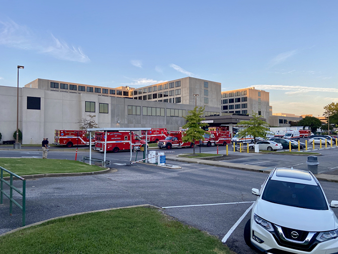 Memphis hospital parking lot filled with emergency response vehicles