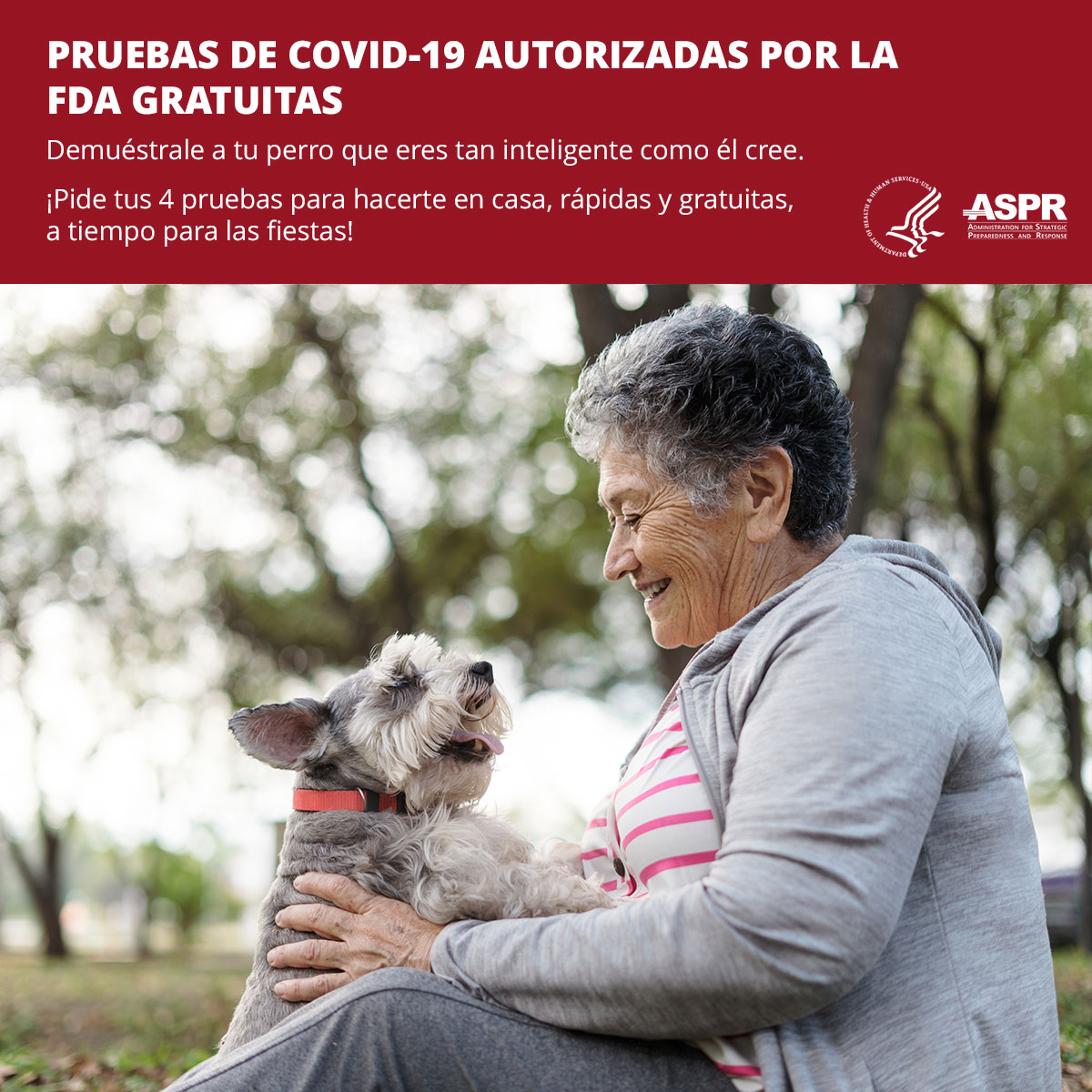 Pruebas de COVID-19 Autorizadas por la FDA gratuitas. Mujer con su perro.
