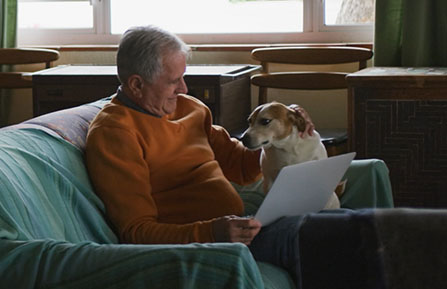 senior man in a chair with a laptop and dog
