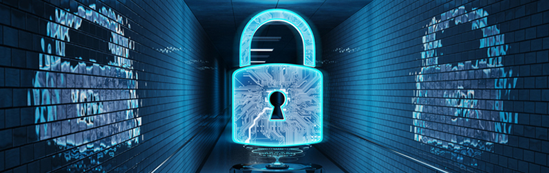 Blue underground cyber security hologram with digital padlock 
